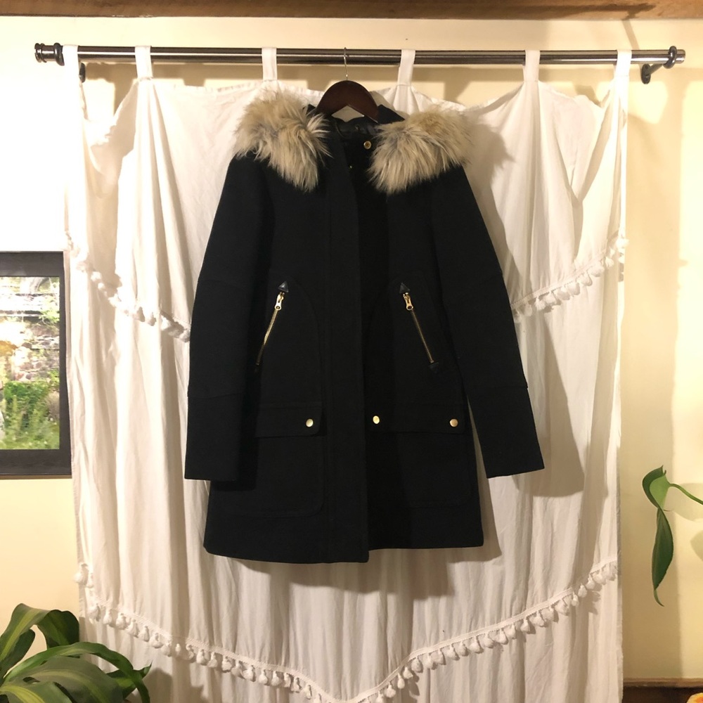 J. Crew Stadium Cloth Fur Trimmed Parka Coat Navy Size 2
